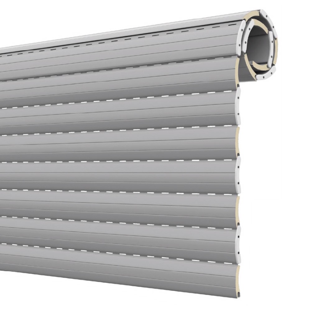 Illustrazione di un elegante avvolgibile grigio in alluminio con stecche parzialmente aperte. La persiana, arrotolata in alto, rivela segmenti orizzontali per una copertura regolabile e un isolamento aggiuntivo, combinando durevolezza e stile moderno.